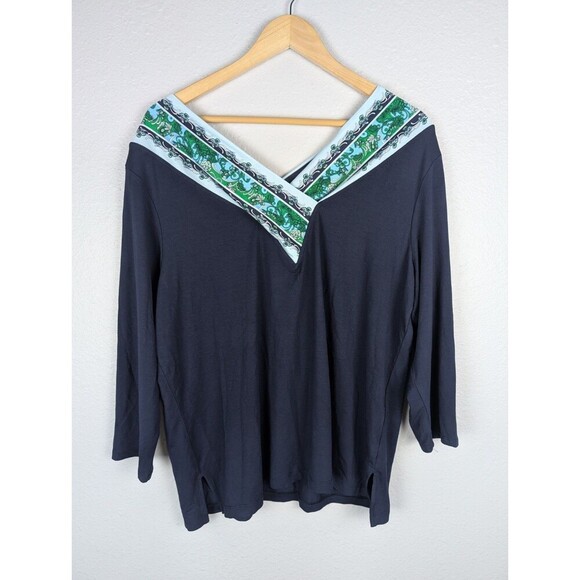 NWOT Chico's Top Sz 3 US XL Paisley Double V-Neck Navy Blue Knit Boho Preppy 144 - Picture 2 of 6